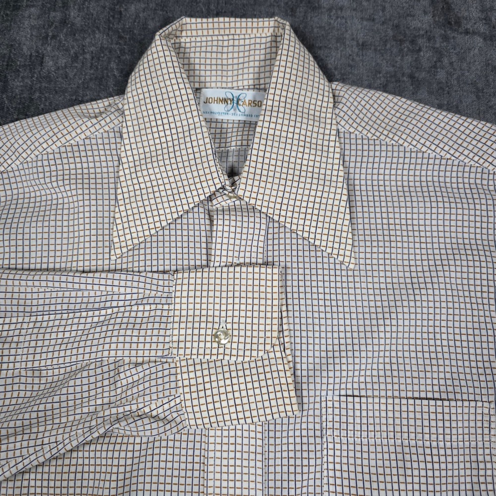 Vtg 70s Dagger Collar Disco Johnny Carson Dress Shirt Mens 14.5 33 White Brown